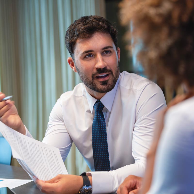 lawyer talking to client